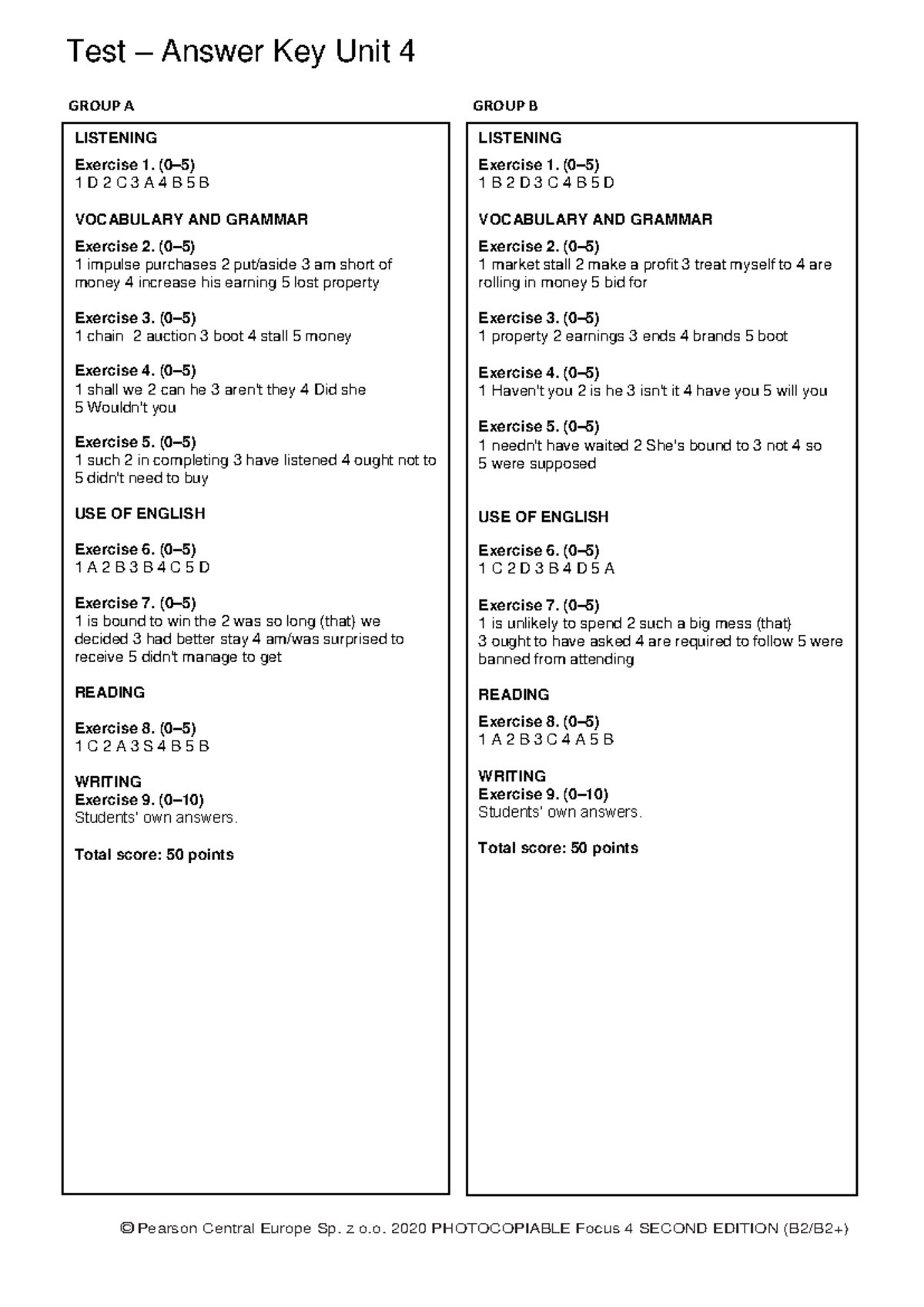 Focus 4 2E Test Unit4 Answers - Test – Answer Key Unit 4 © Pearson ...