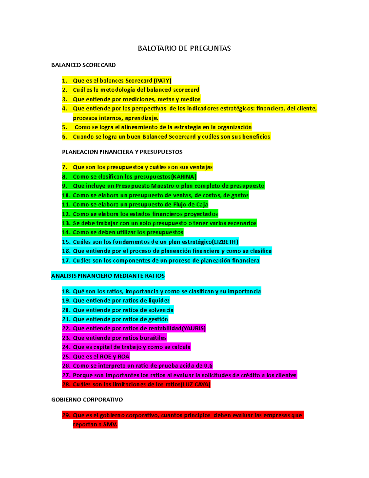 Balotario DE Preguntas - BALOTARIO DE PREGUNTAS BALANCED SCORECARD Que ...