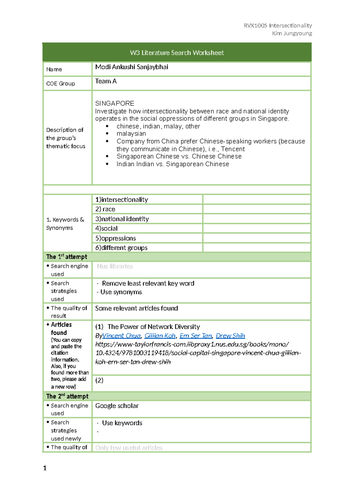 [IL] Literature Search Worksheet - RVX1005 Intersectionality Kim ...