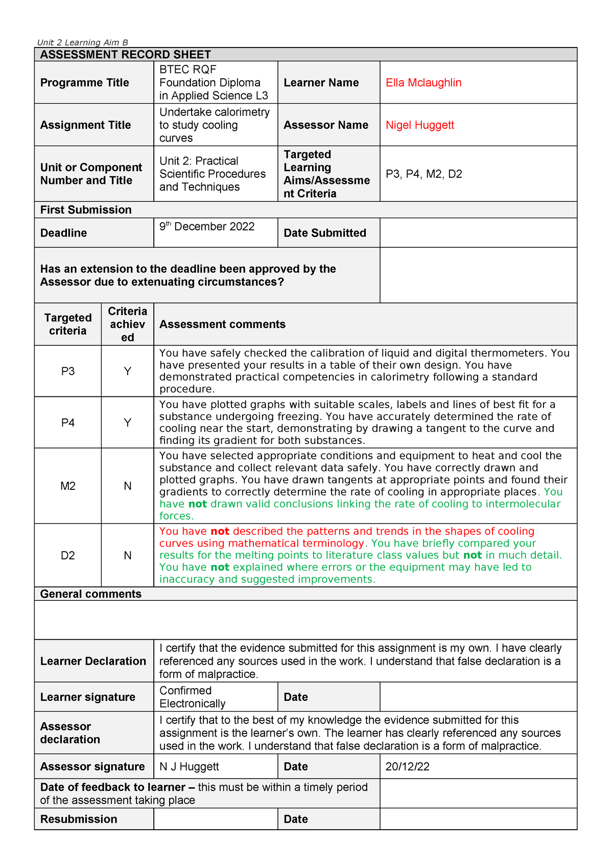 U2B Ella Mclaughlin resub - ASSESSMENT RECORD SHEET Programme Title ...