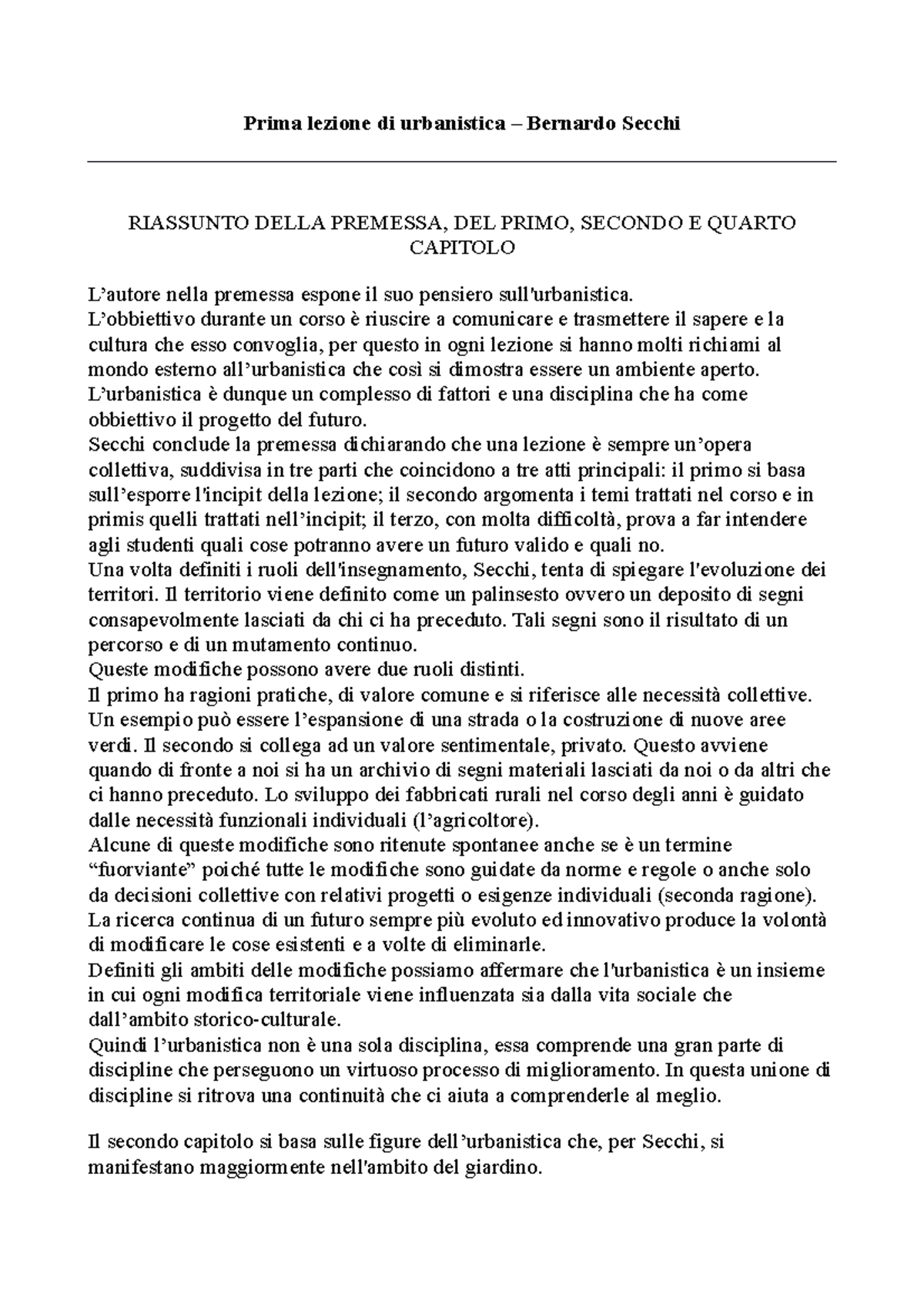 Sintesi Secchi, Premessa E Capitoli 1 2 E 4 - Prima Lezione Di ...