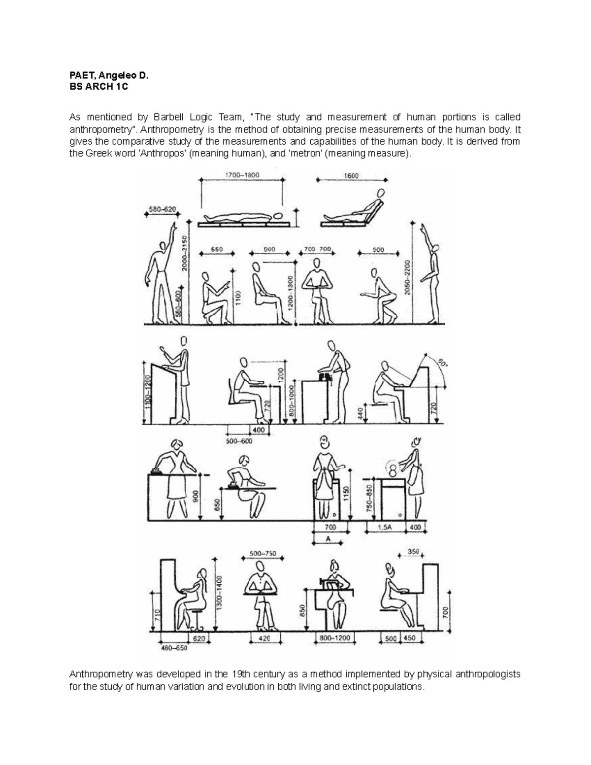 Anthropometrics - Research notes - PAET, Angeleo D. BS ARCH 1C As ...