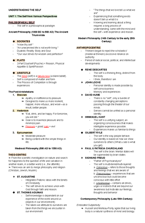 UTS - Reviewer (Chapter 1, Parts 1 - 4 and a half) NEW - The Self from ...