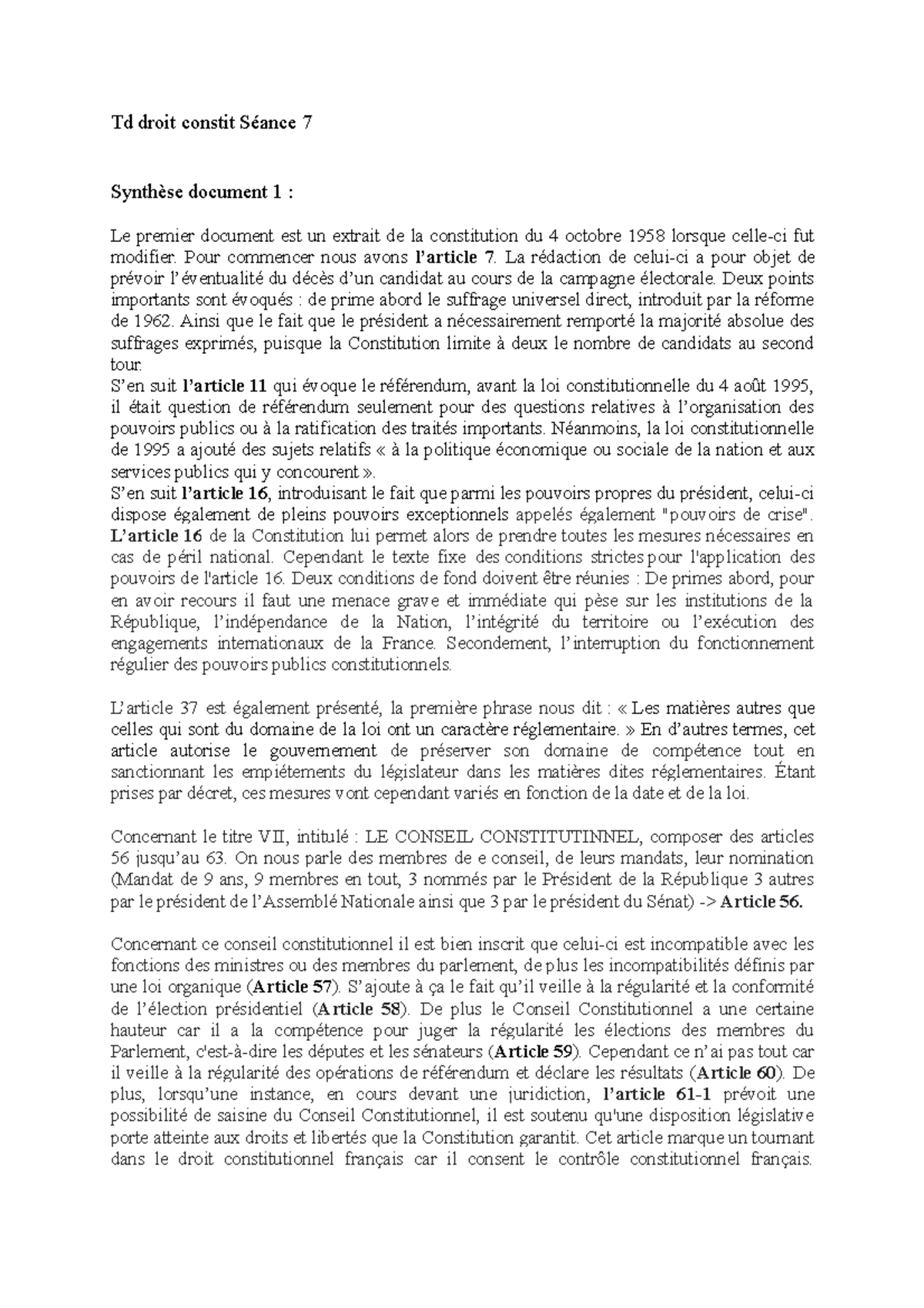 Td Droit Constit Séance 7 - Td Droit Constit Séance 7 Synthèse Document ...