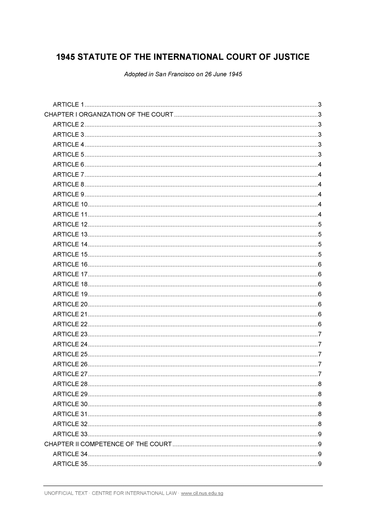 1945 Statute Of The International Court Of Justice 1 - UNOFFICIAL TEXT ...