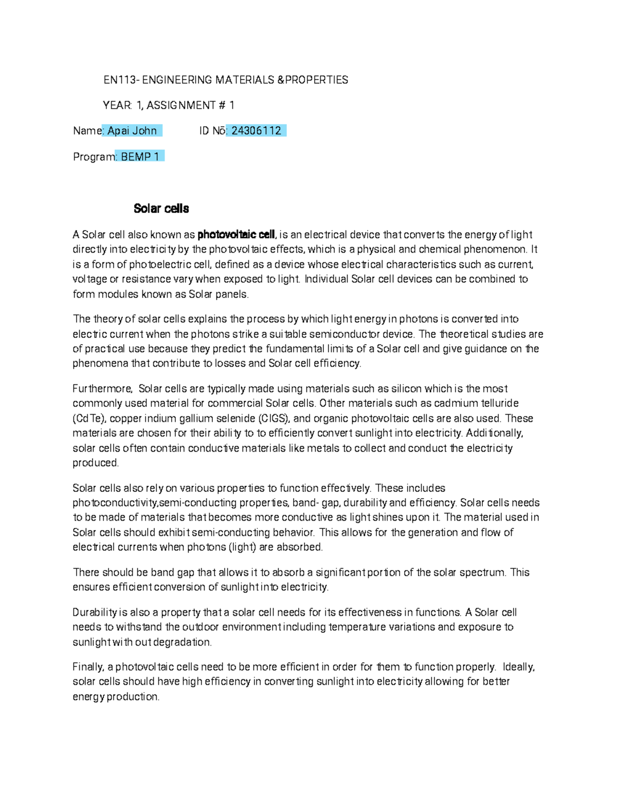 EN113- Essay - EN 113 - ENGINEERINGMATERIALS&PROPERTIES YEAR: 1 ...