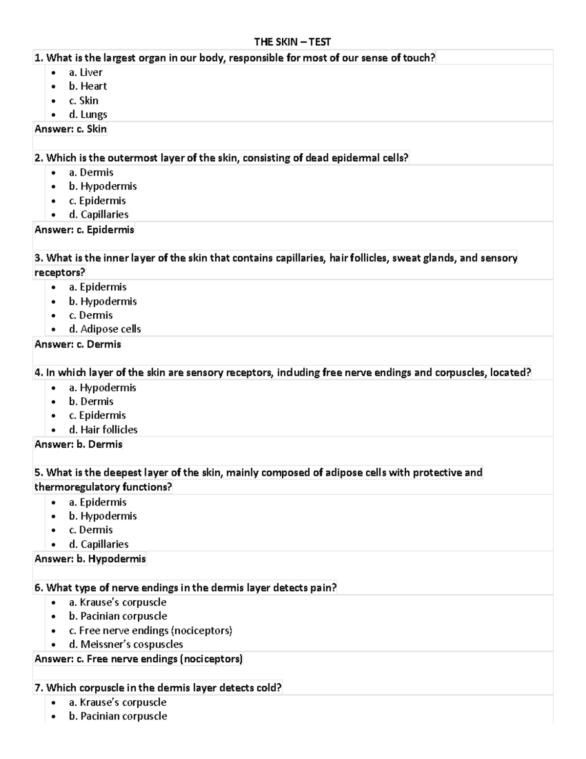 The Skin - Test - Multi question test with answers, to practice content ...