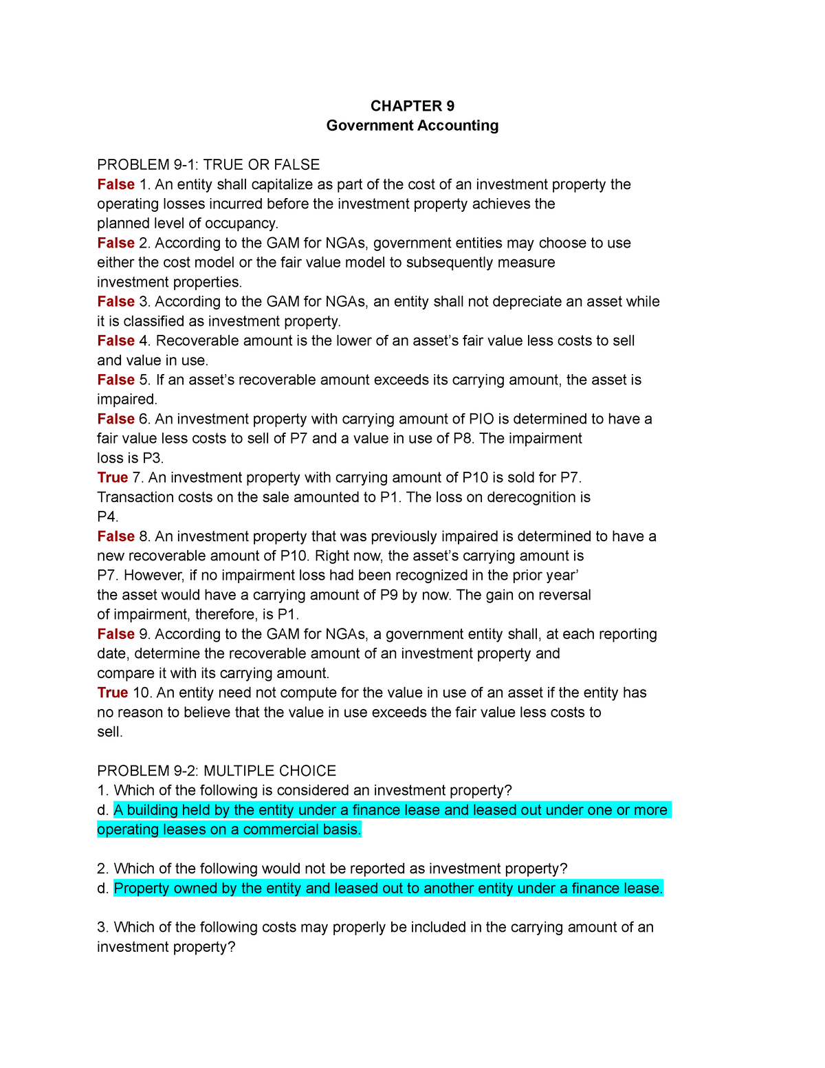 Gov.Acctg - Chapter 9 - CHAPTER 9 Government Accounting PROBLEM 9-1