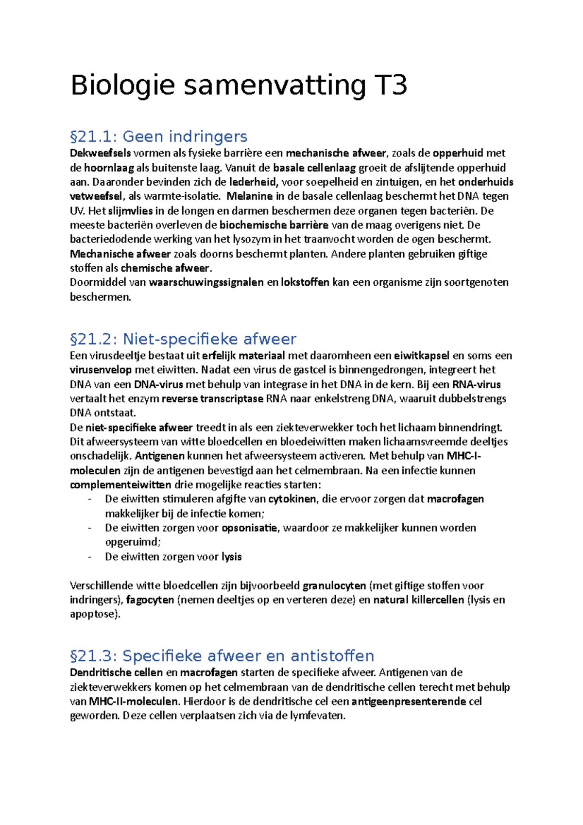 Bio Samenvatting H21 T3 - Biologie Samenvatting T §21: Geen Indringers ...