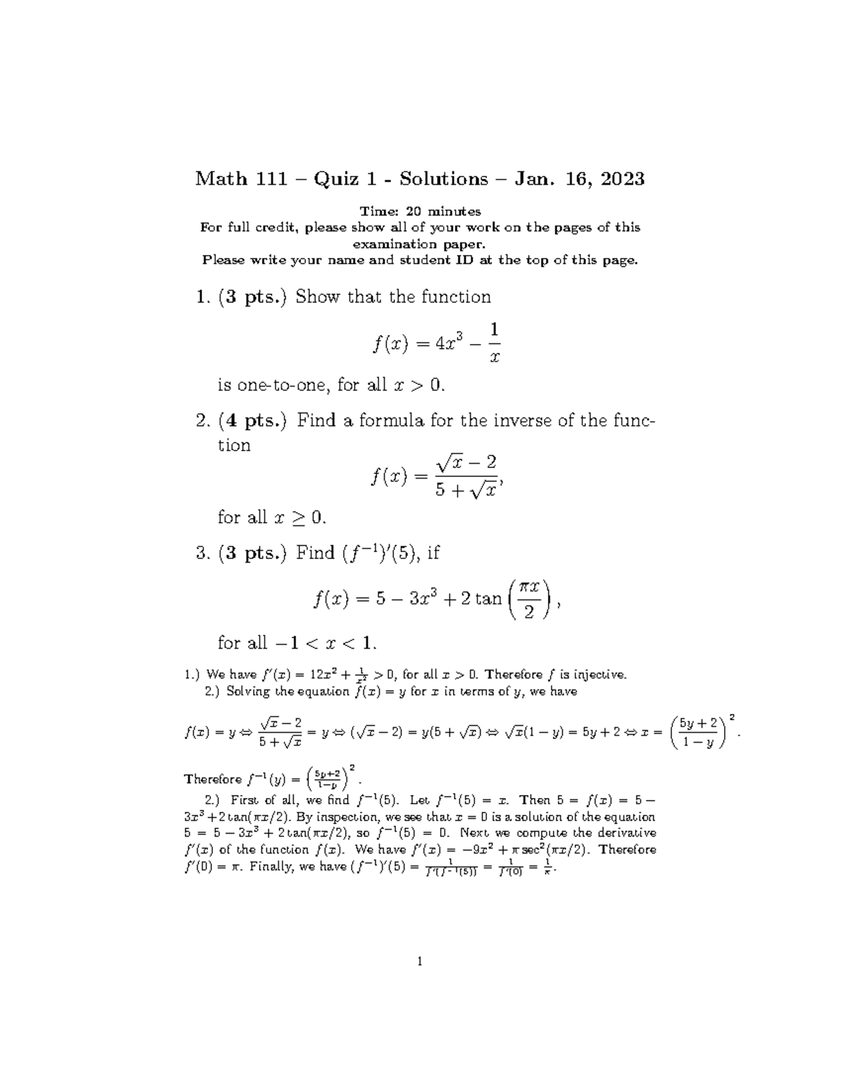 Math 111 - Quiz Solution - Math 111 – Quiz 1 - Solutions – Jan. 16 ...