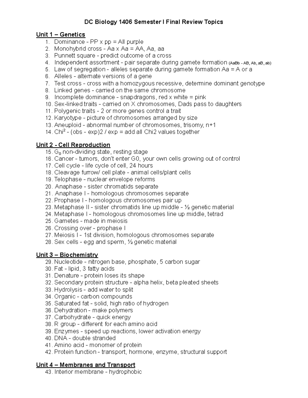 Biology 1406 Semester I Final Review Topics - KEY - DC Biology 1406 ...