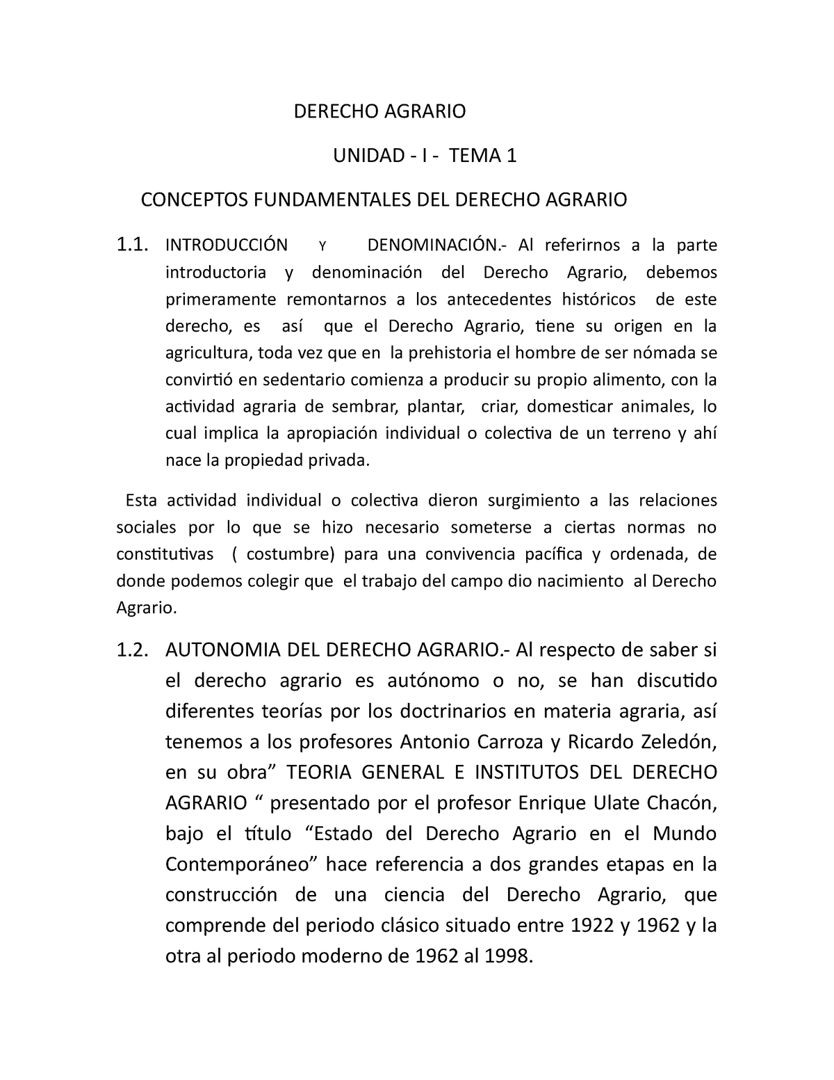 Derecho Agrario 1 - DERECHO AGRARIO UNIDAD - I - TEMA 1 CONCEPTOS ...