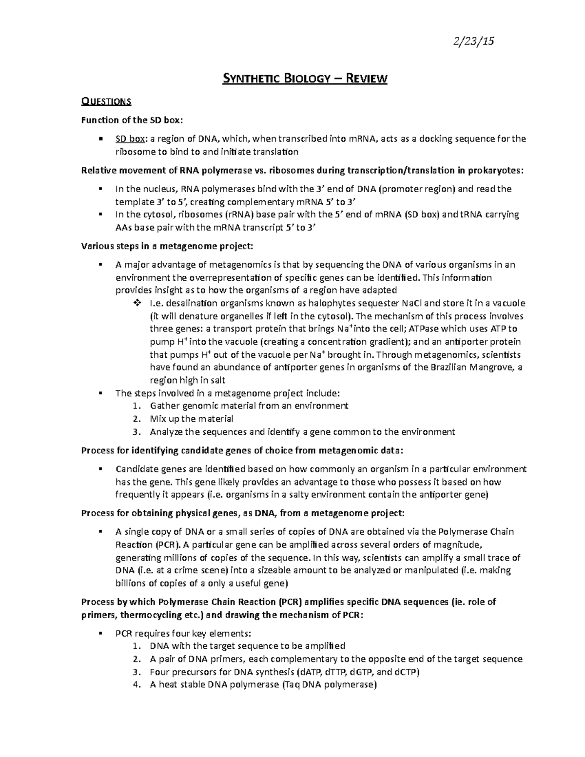 13 Synthetic Biology Review SYNTHETIC BIOLOGY REVIEW QUESTIONS