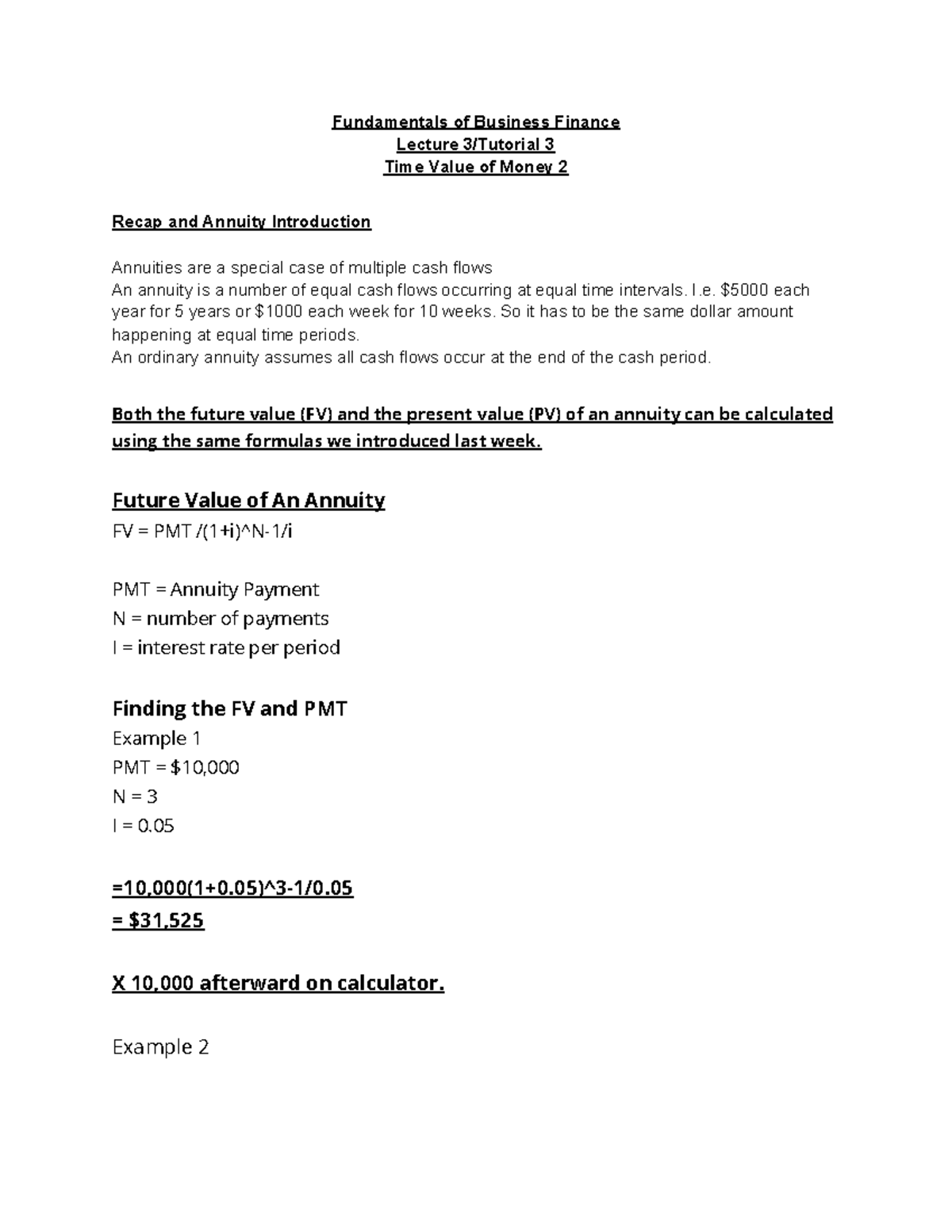 Lecture 3 - Time Value of Money Notes - Fundamentals of Business ...
