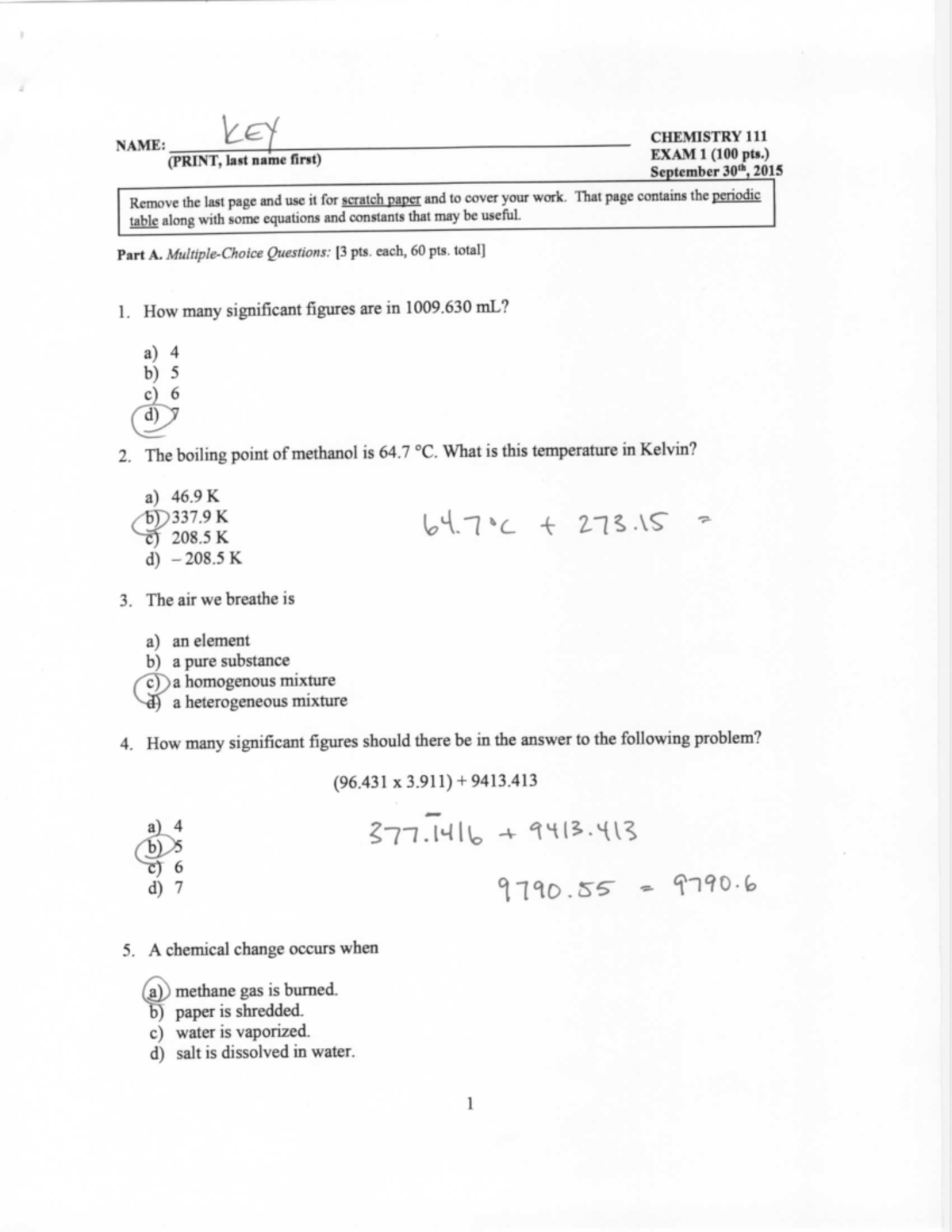 Exam 1 2015 Key - Exam 1 2015 Key - CHM 111 - Studocu