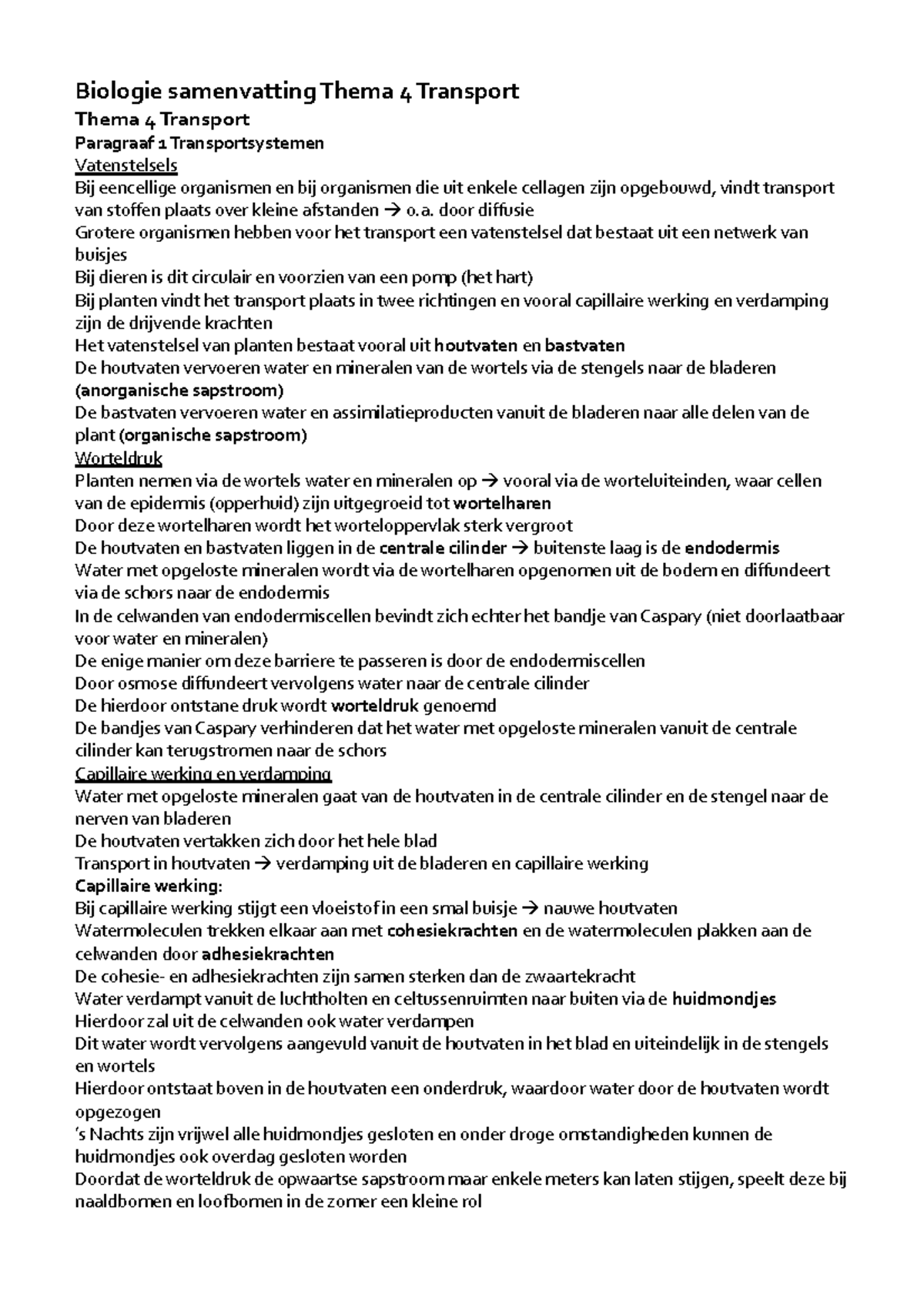 Biologie Thema 4 Transport Biologie samenvatting Thema 4 Transport