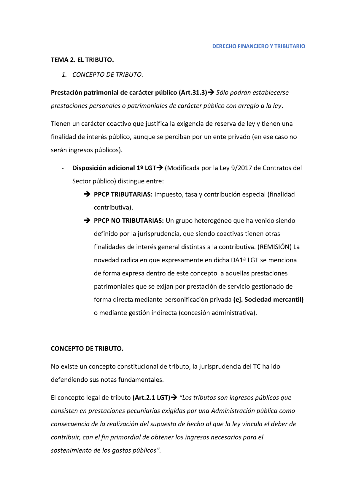 TEMA 2. EL Tributo - DERECHO FINANCIERO Y TRIBUTARIO TEMA 2. EL TRIBUTO ...