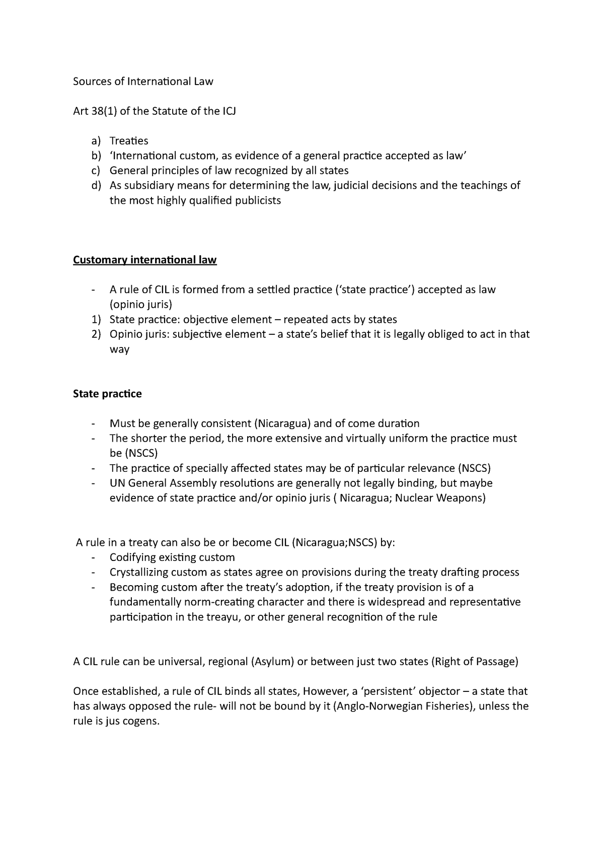 International Law notes - Sources of International Law Art 38(1) of the ...