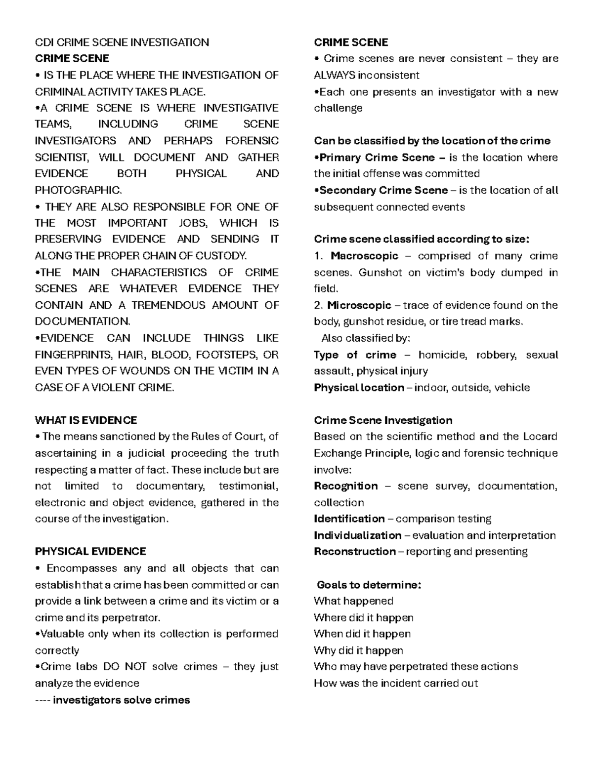 Cdicri- Finals - Notes - CDI CRIME SCENE INVESTIGATION CRIME SCENE • IS ...
