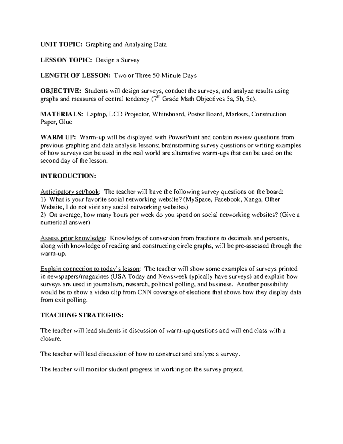 Constructa Survey Lesson Project Plan-1 - UNIT TOPIC: Graphing and ...
