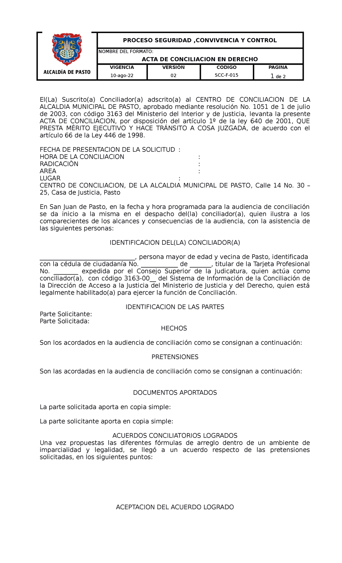 Acta De Conciliación - Alcaldia - PROCESO SEGURIDAD ,CONVIVENCIA Y ...