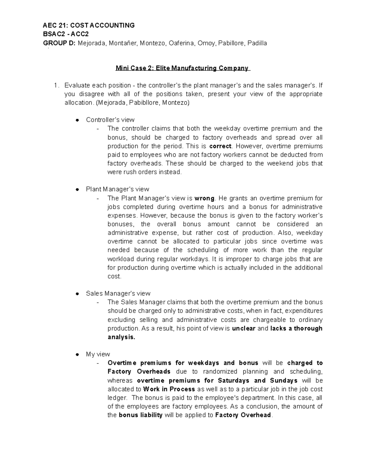 Mini Case 2 Elite Manufacturing Company - AEC 21: COST ACCOUNTING BSAC2 ...