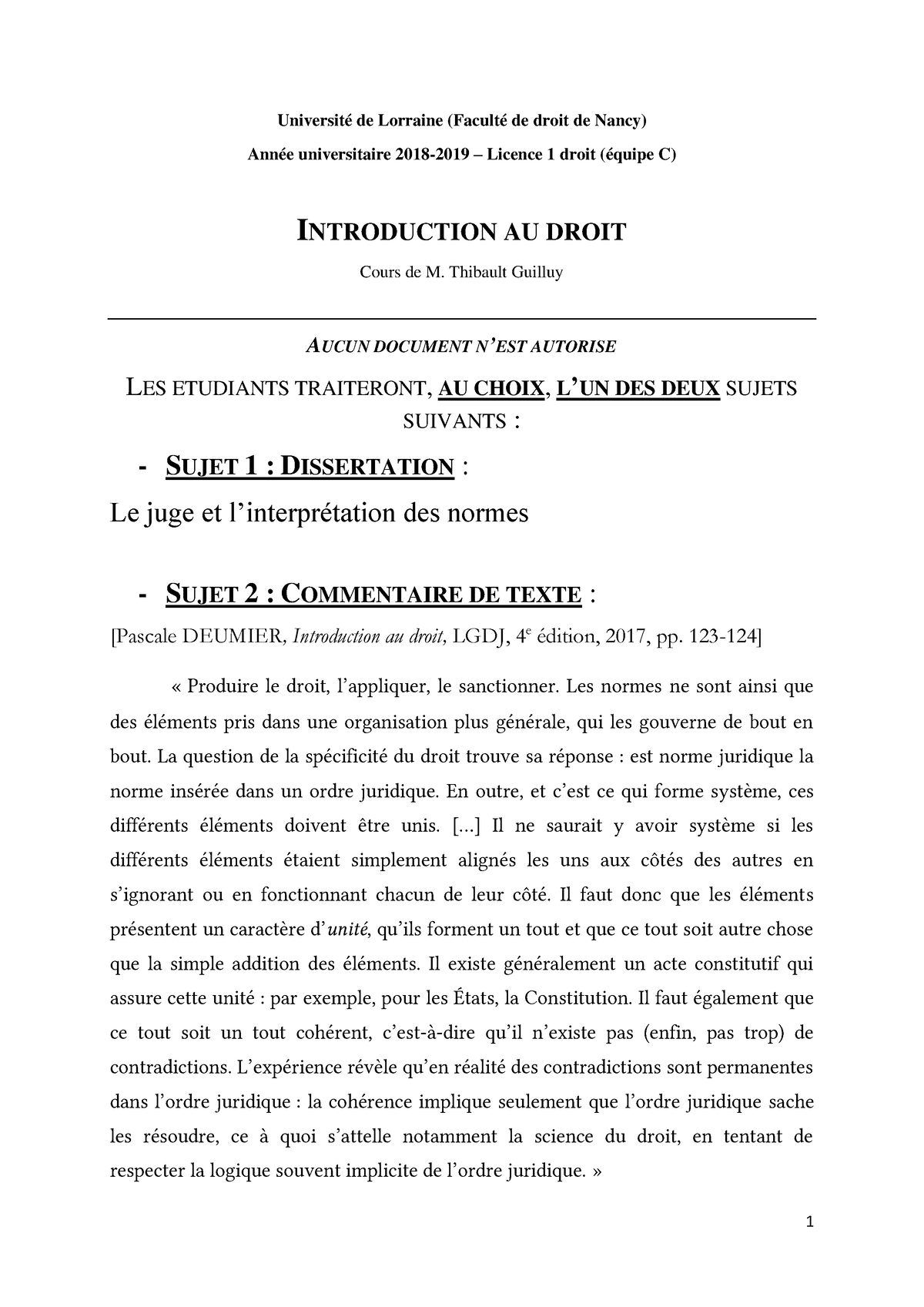 sujet de dissertation introduction au droit