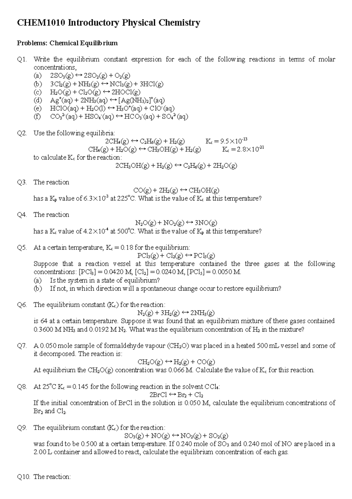 Exam 7 March 2018, questions and answers - CHEM1010 Introductory ...