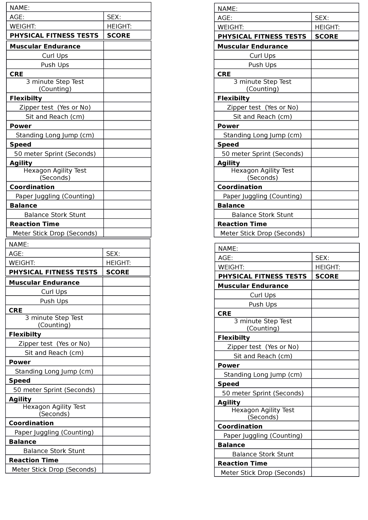 Ftiness test - Nothing - NAME: AGE: SEX: WEIGHT: HEIGHT: PHYSICAL FITNESS  TESTS SCORE NAME: AGE: - Studocu