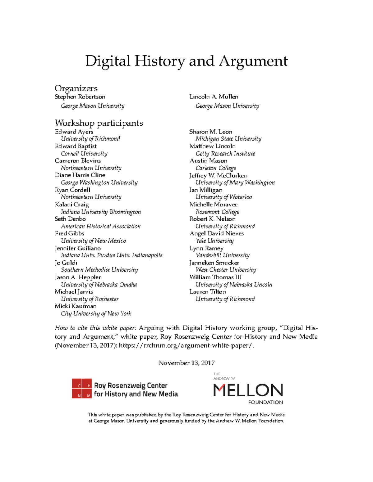 Digital History and Argument Digital History and Argument Organizers