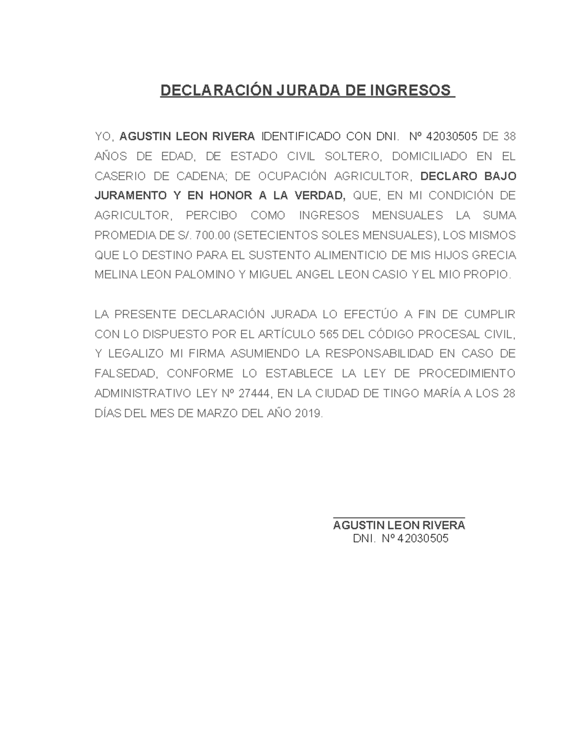 Declaración Jurada DE Ingresos - DECLARACIÓN JURADA DE INGRESOS YO ...
