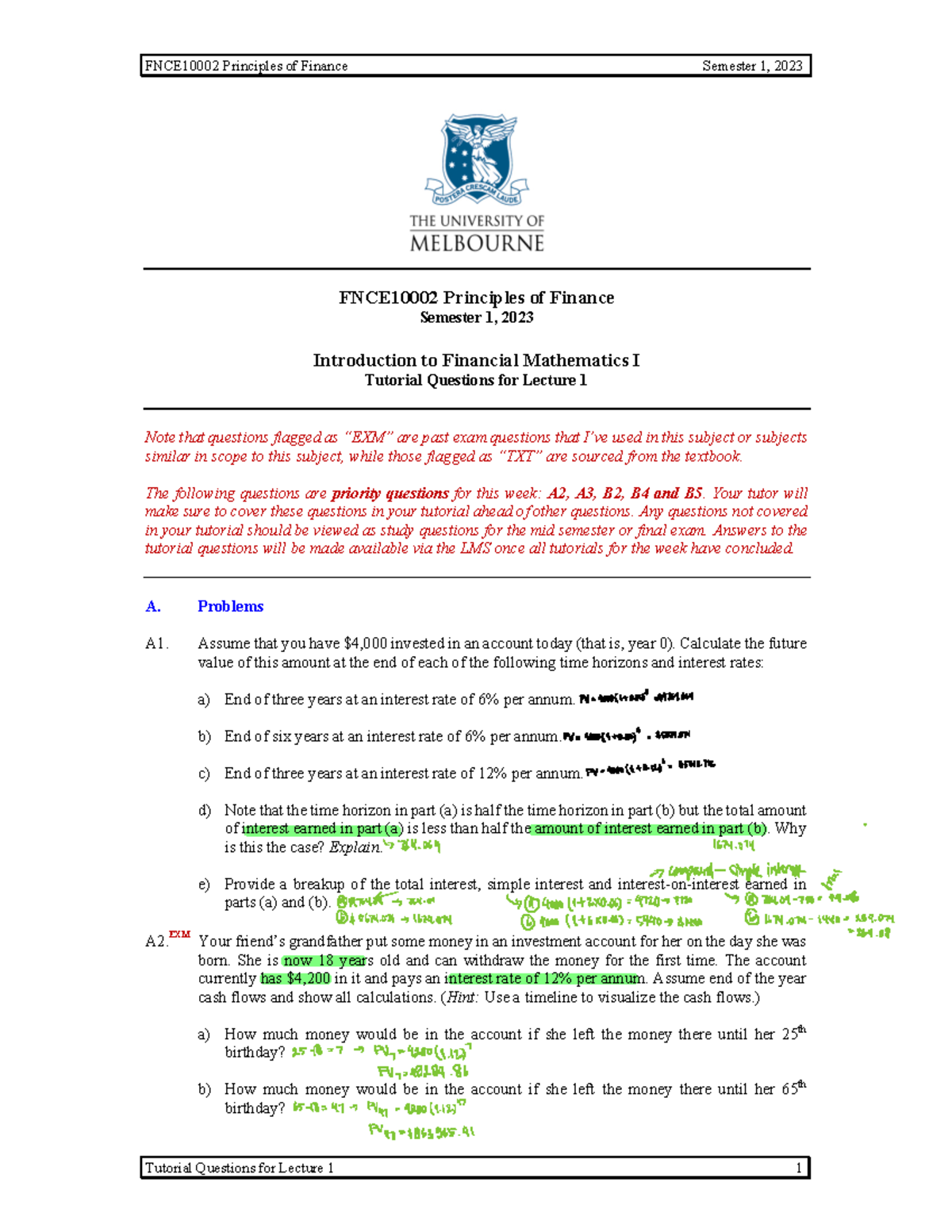 Tutorial 01 - Fin Math 1 - FNCE10002 Principles of Finance Semester 1 ...