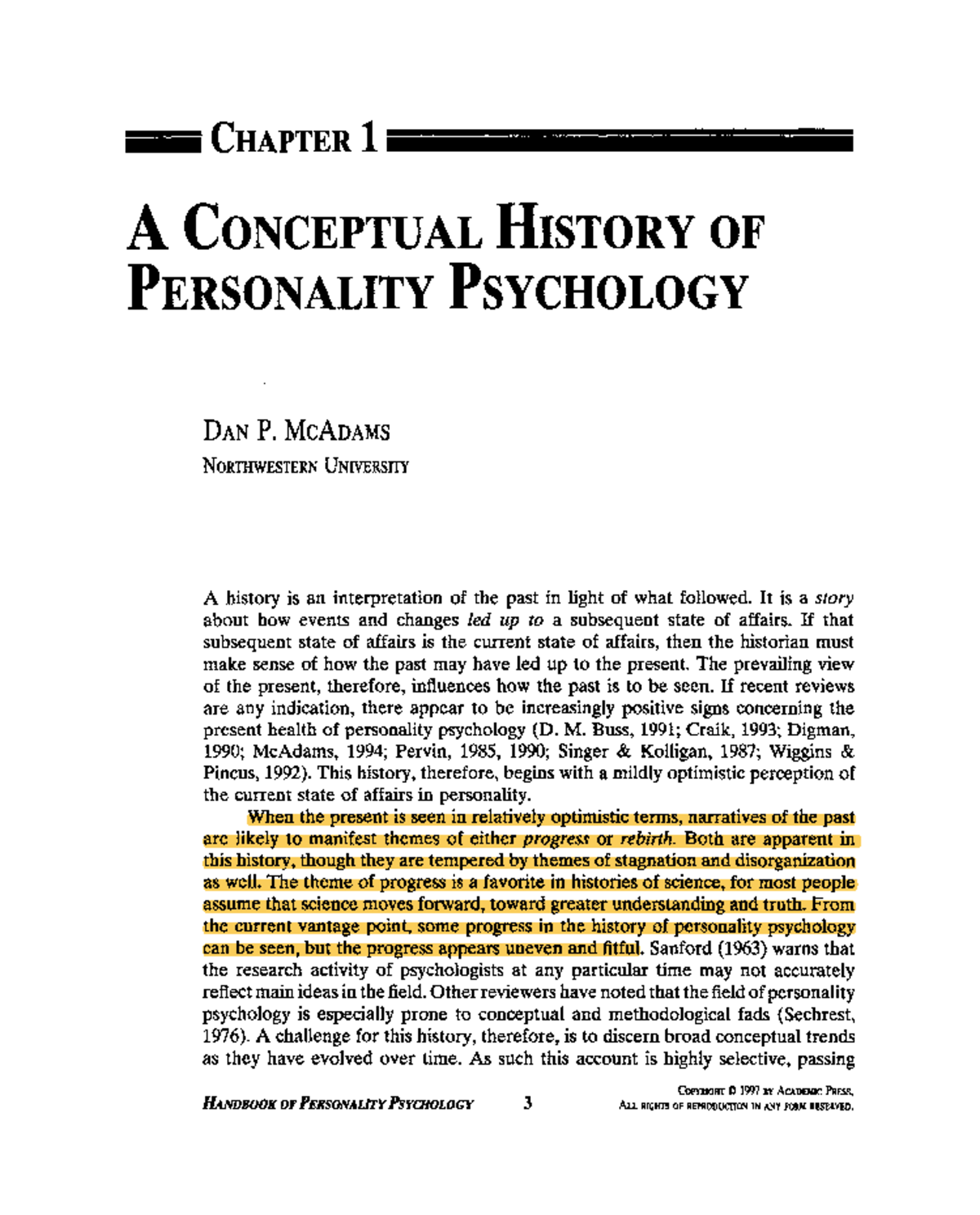 Mcadams 1997 - History of personality psychology - CHAPTER 1 A ...
