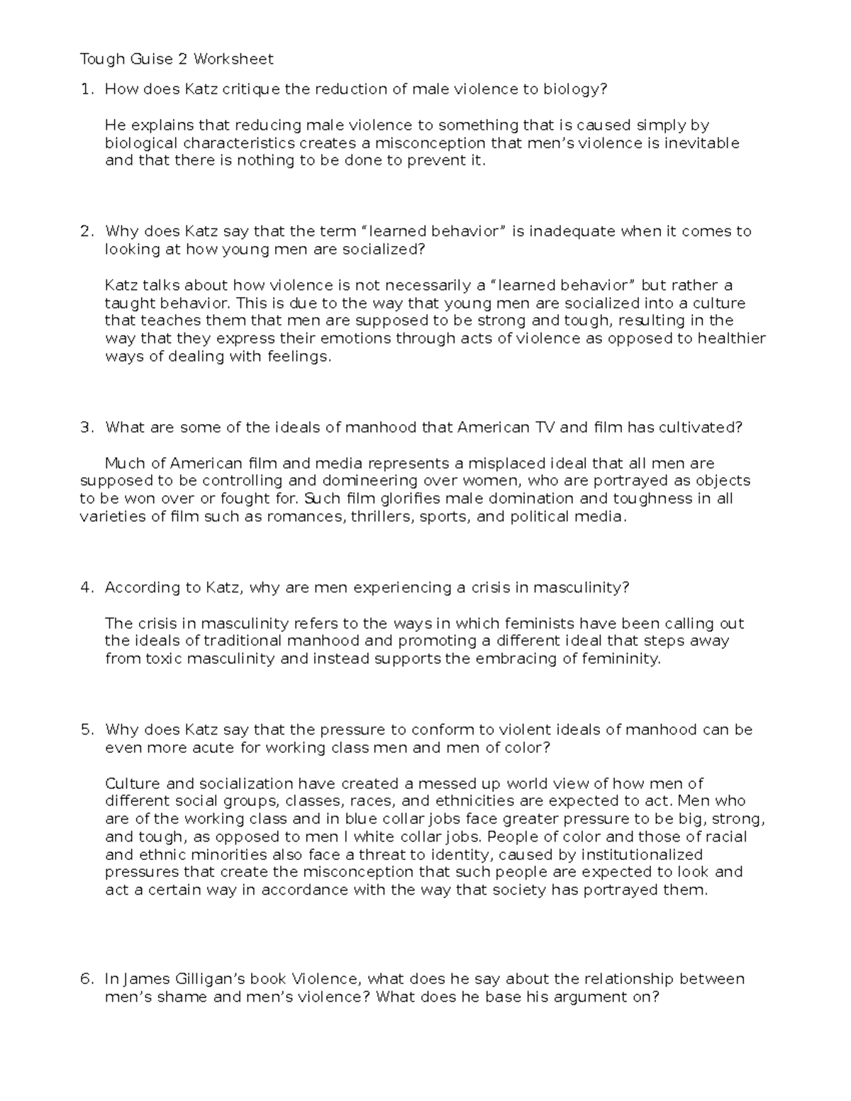 Tough Guise II Film Sheet - Tough Guise 2 Worksheet How does Katz ...