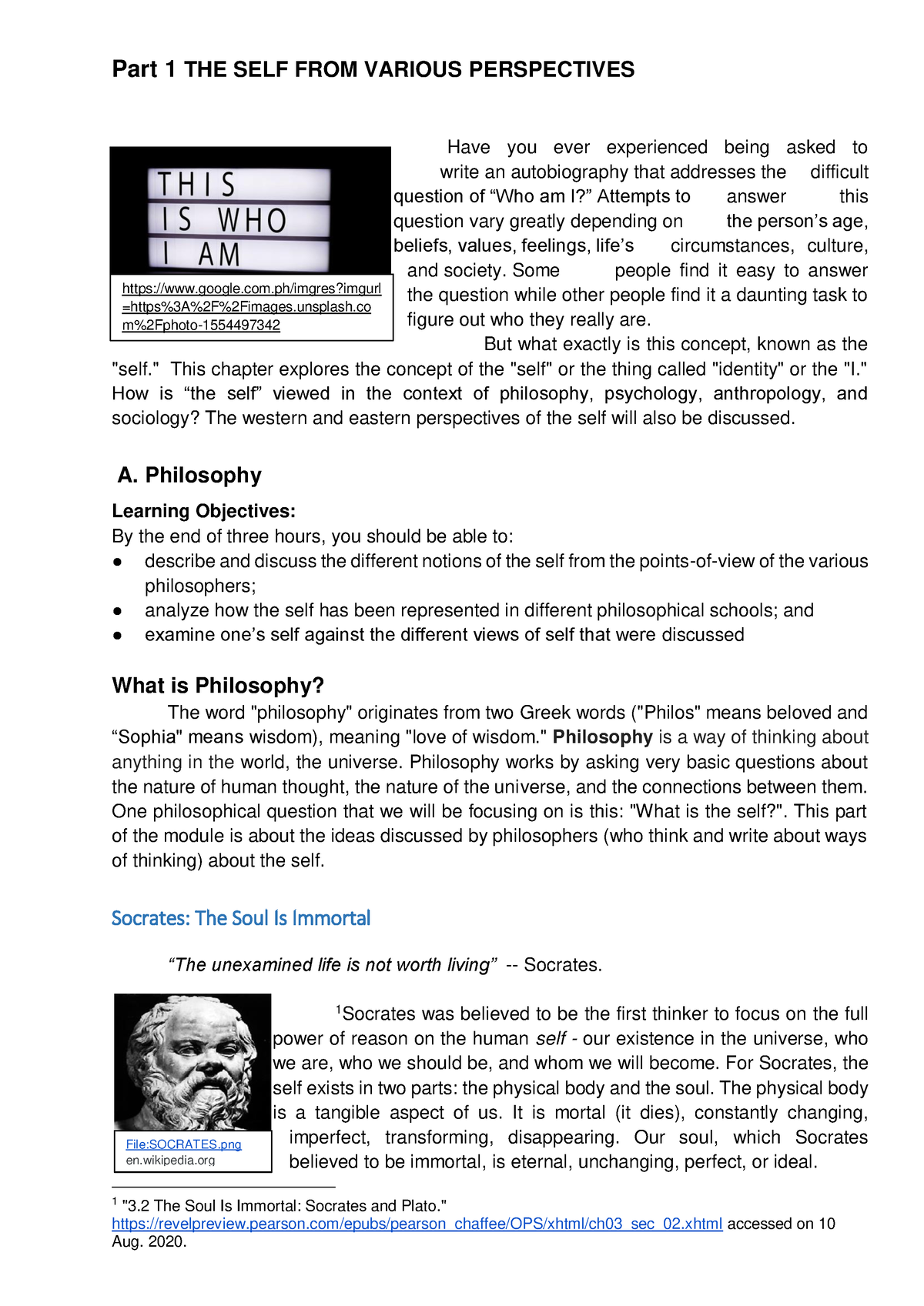 UTS Handout #1 - Philosophy - Part 1 THE SELF FROM VARIOUS PERSPECTIVES ...