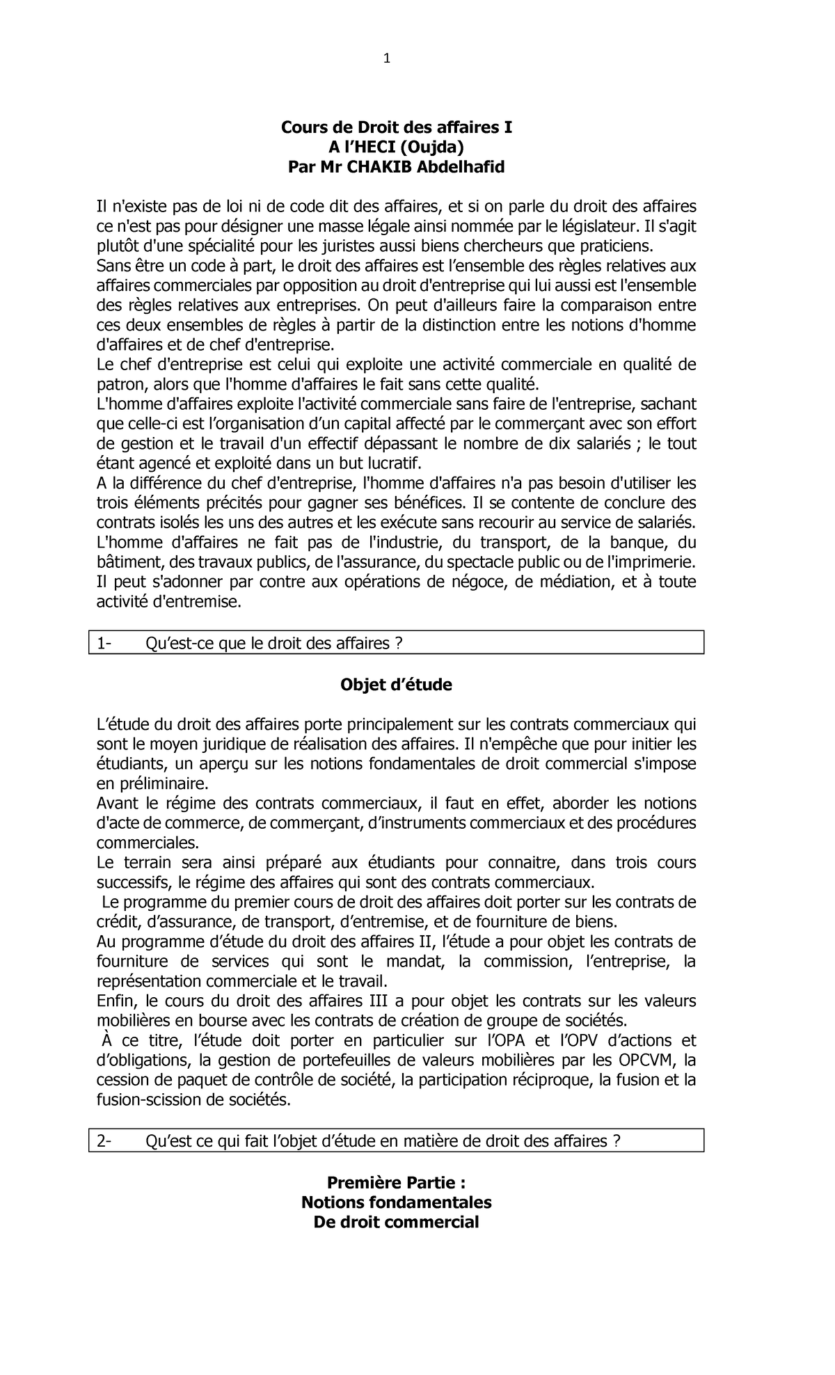 Droit des affaires au Maroc - Cours de Droit des affaires I A l’HECI ...