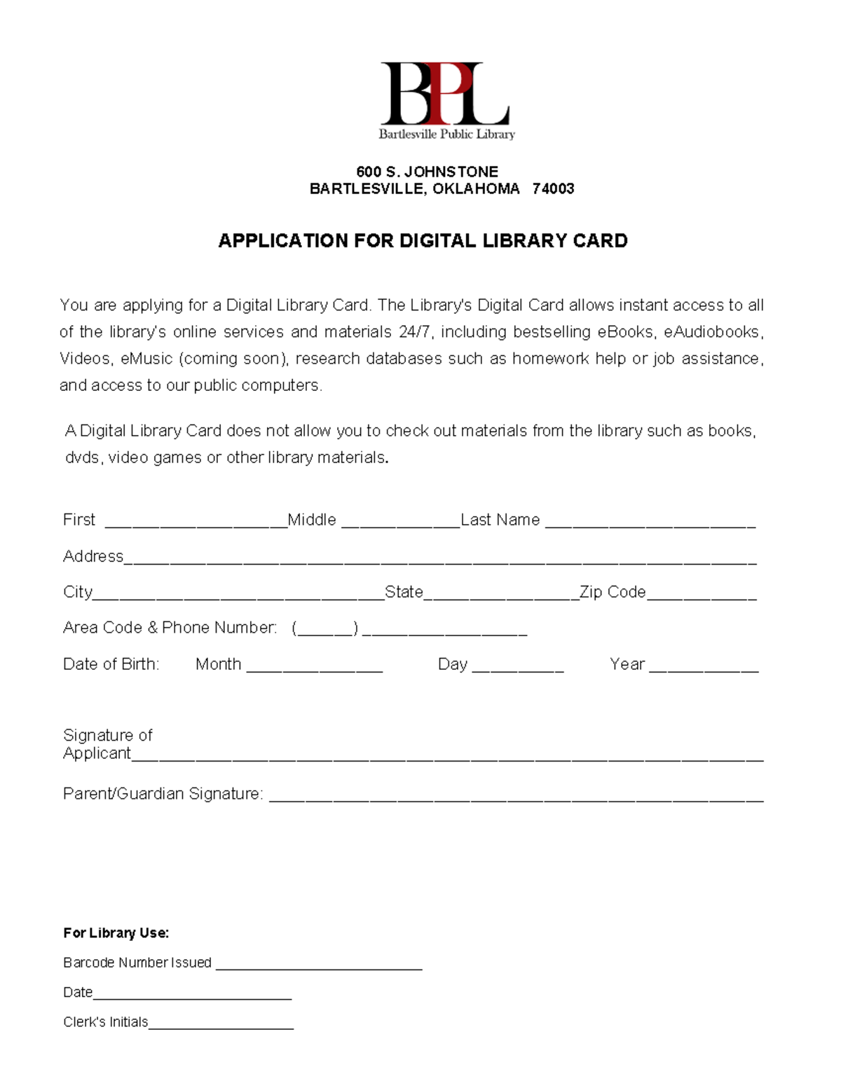 Digital Library Card App 2021 BARTLESVILLE, OKLAHOMA600 S. JOHNSTONE