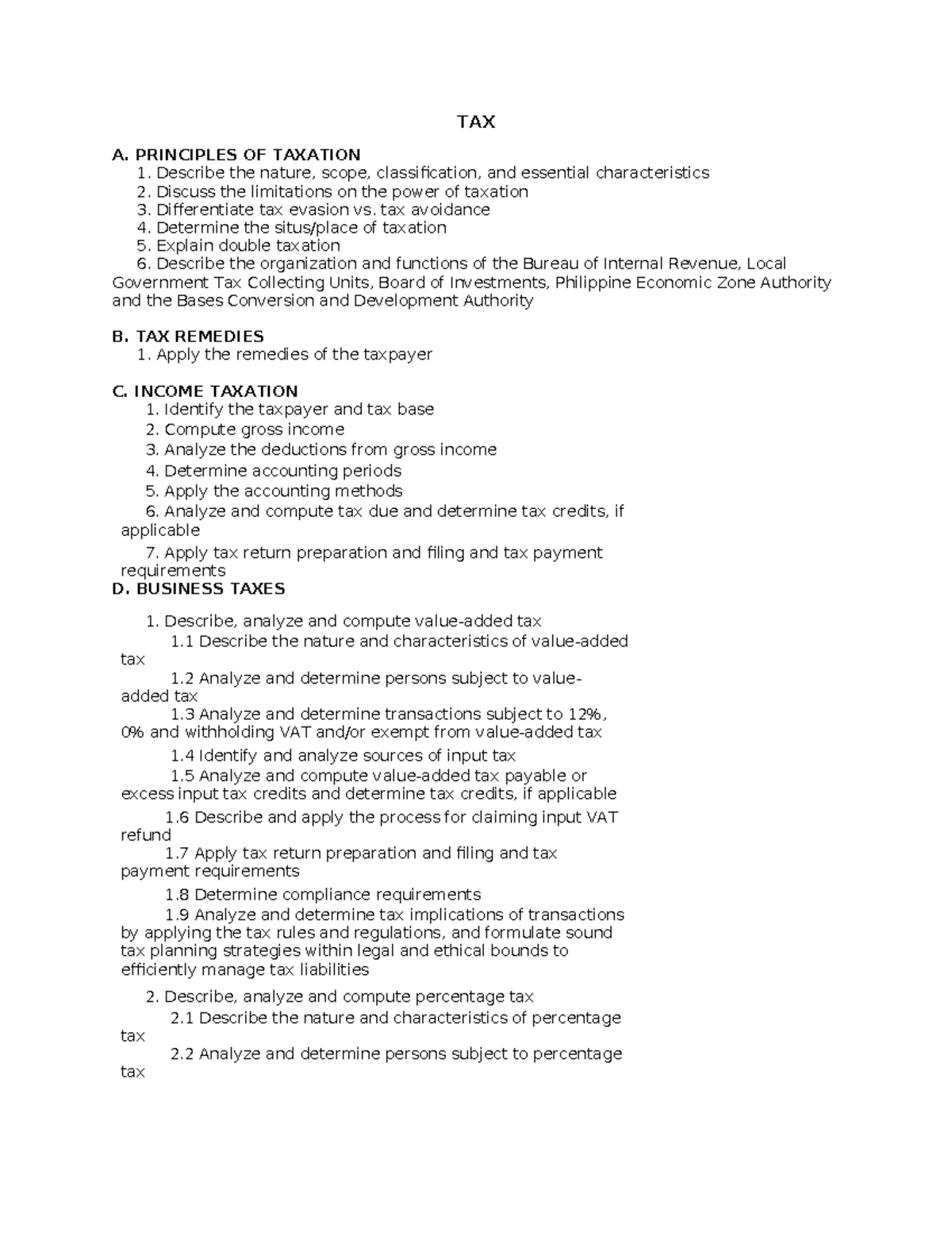 3A- Topics Covered - ,,,,,, - TAX A. PRINCIPLES OF TAXATION 1. Describe ...