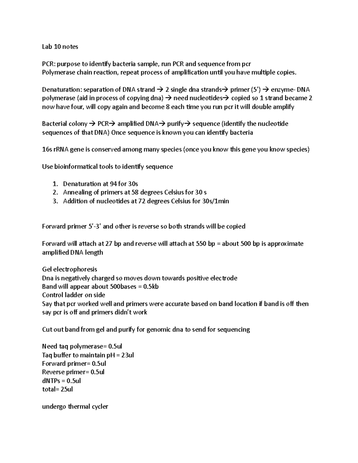 Lab 10 part 1 BIOL 4040 write up - Lab 10 notes PCR: purpose to ...