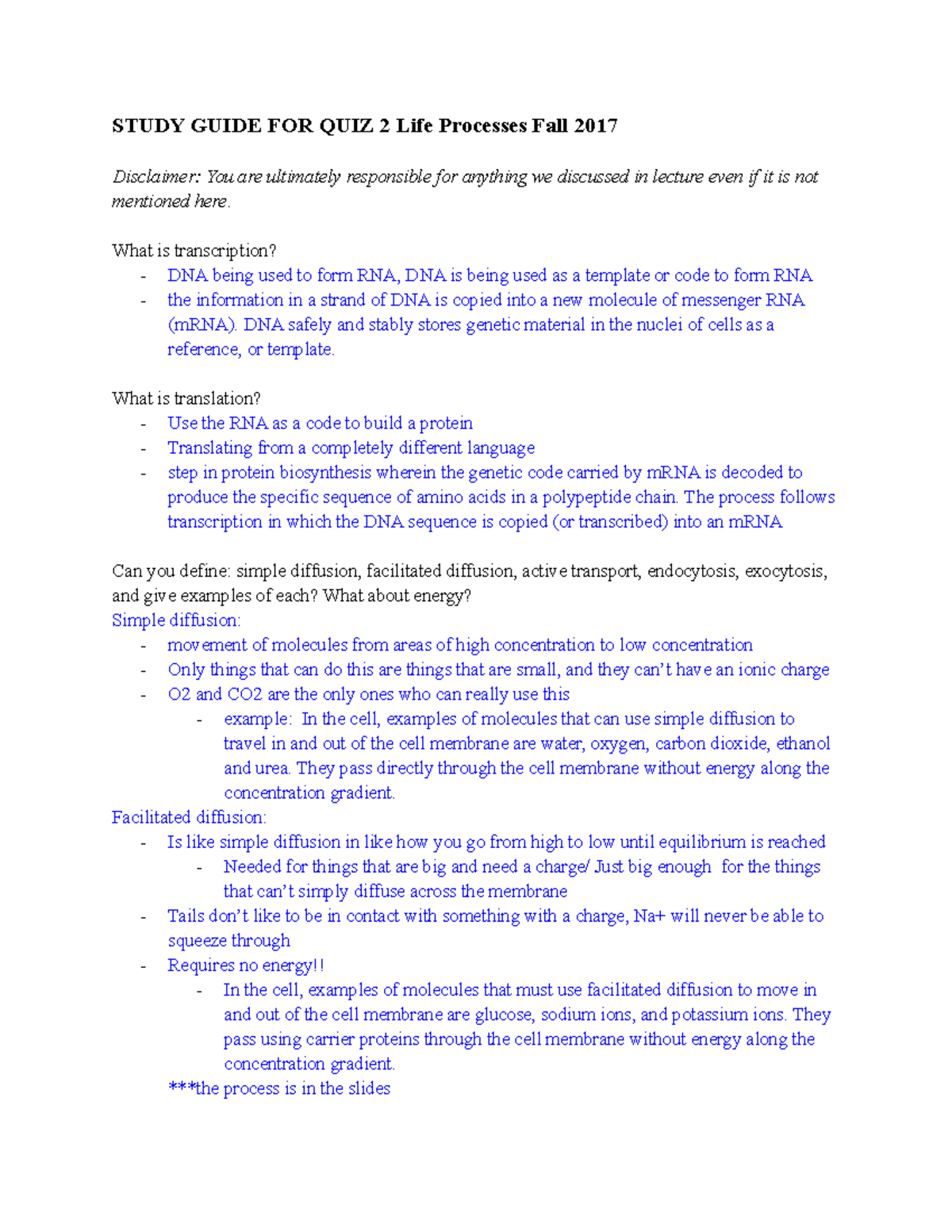 Study Guide Quiz 2 - STUDY GUIDE FOR QUIZ 2 Life Processes Fall 2017 ...