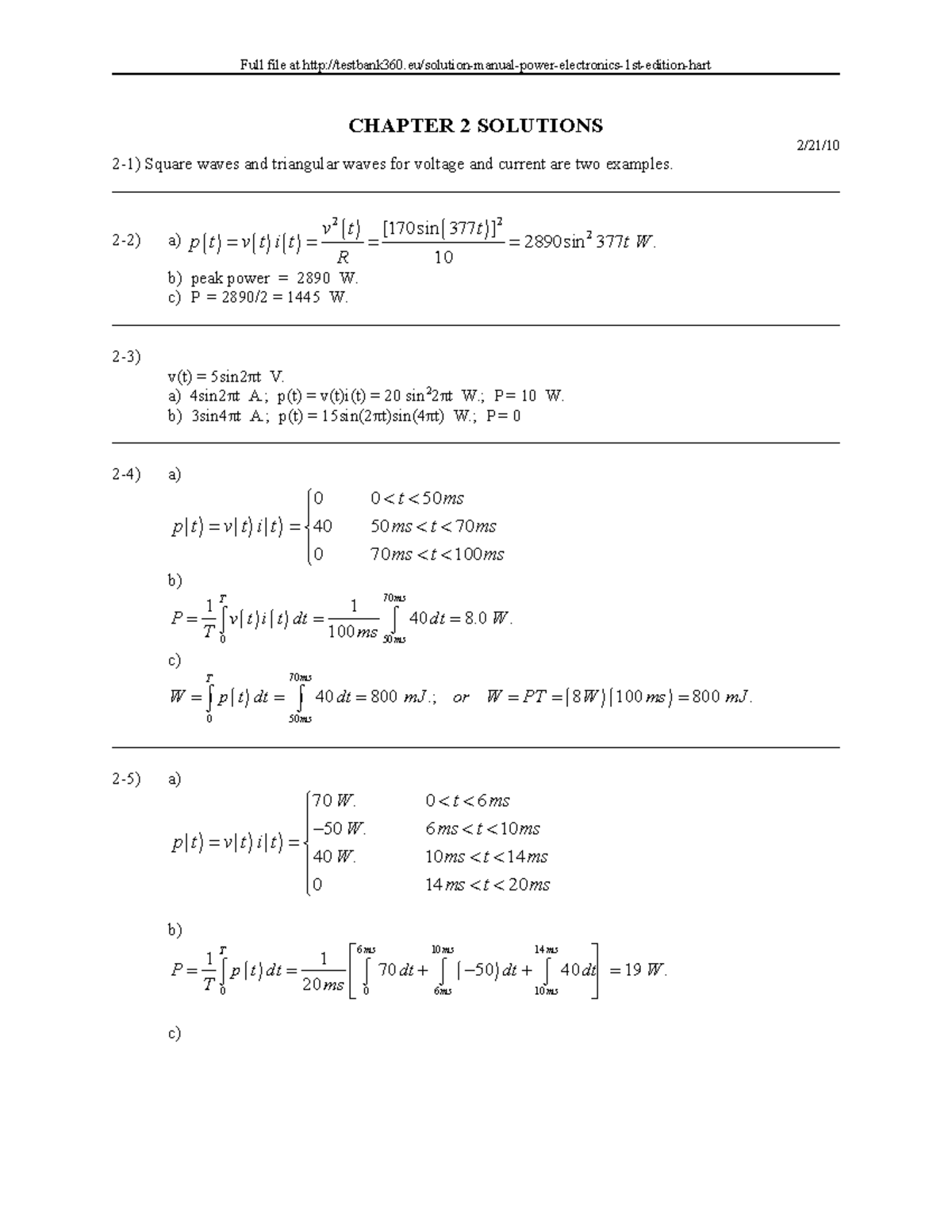 Power Electronics Ch 2Solutions - ####### CHAPTER 2 SOLUTIONS 2/21/ 2-1 ...