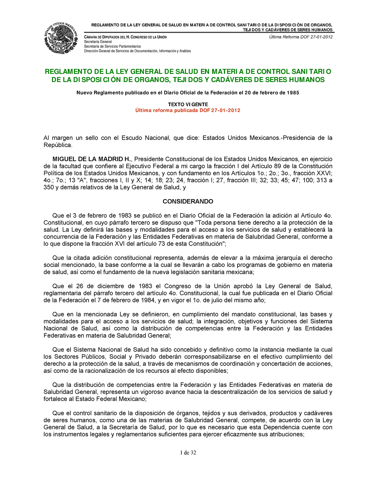 Reglamento De La Ley General De Salud En Materia De Control Sanitario Teji Dos Y CadÁveres De