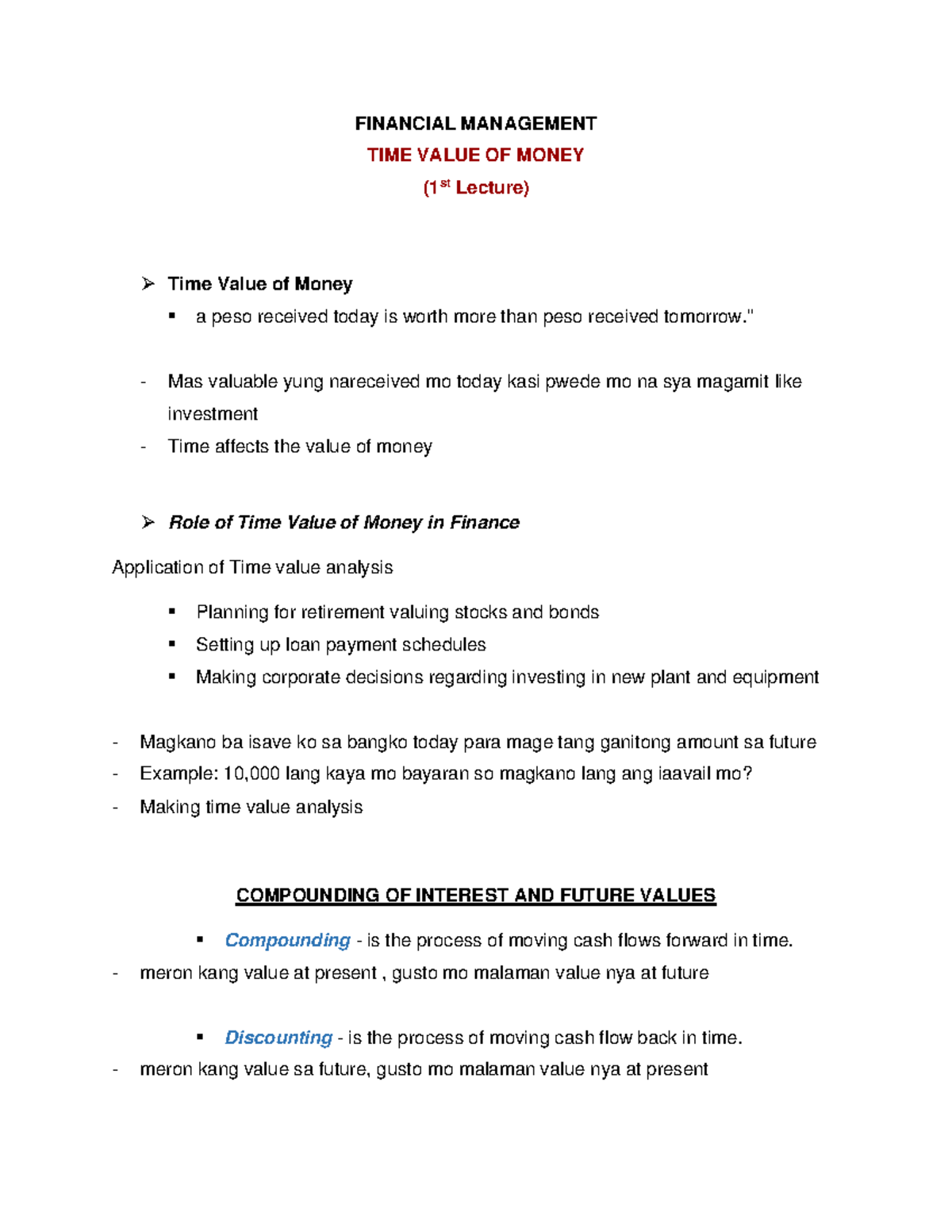 Finman - notes - FINANCIAL MANAGEMENT TIME VALUE OF MONEY ( st Lecture ...