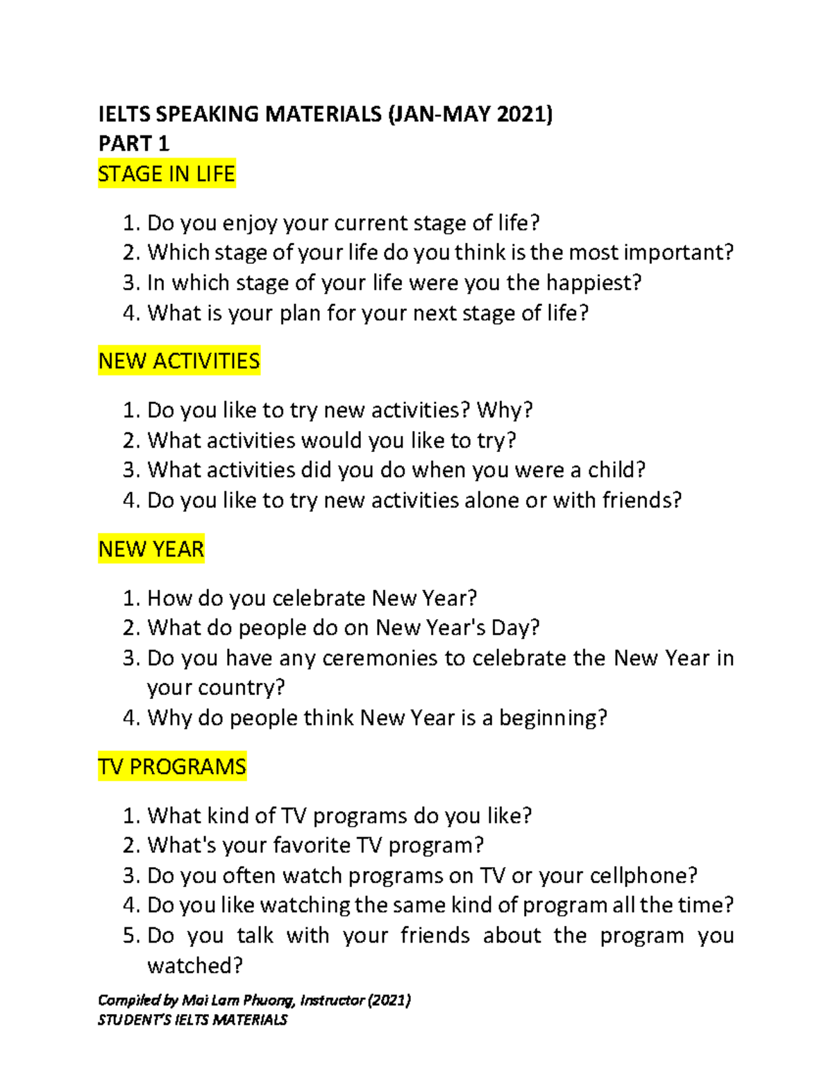 Ielts 2021 Speaking Materials - Compiled by Mai Lam Phuong, Instructor ...