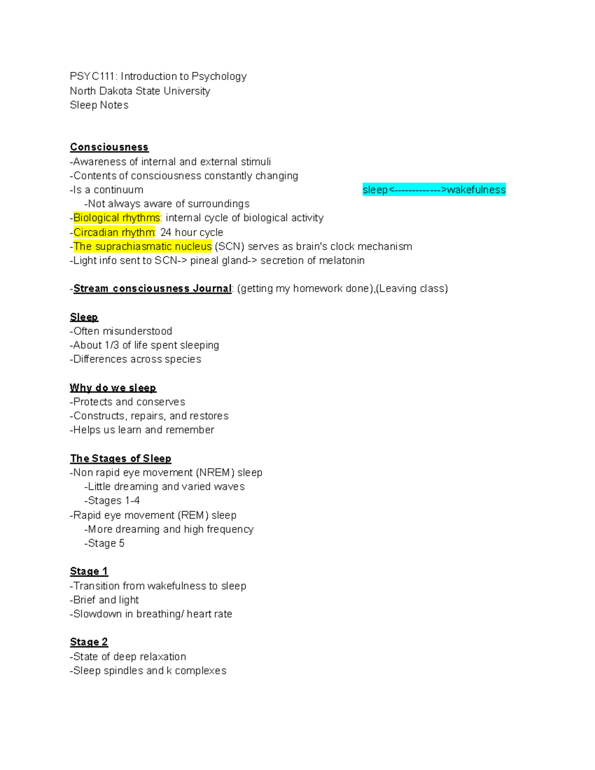 Sleep - PSYC111: Introduction to Psychology North Dakota State ...