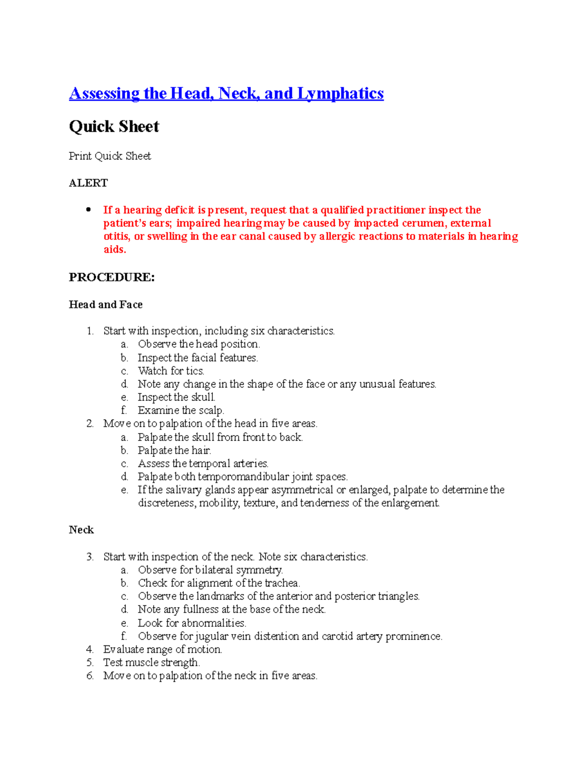 Assessing the Head, Neck, and Lymphatics - PROCEDURE: Head and Face ...