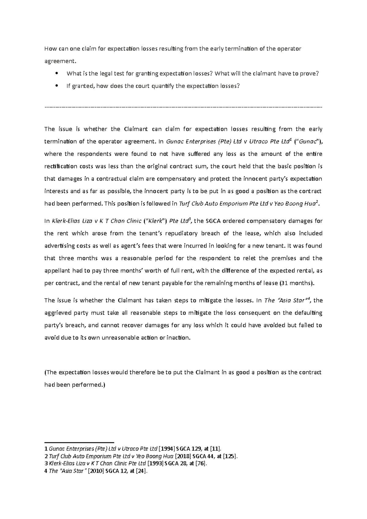 Expectation loss How can one claim for expectation losses resulting