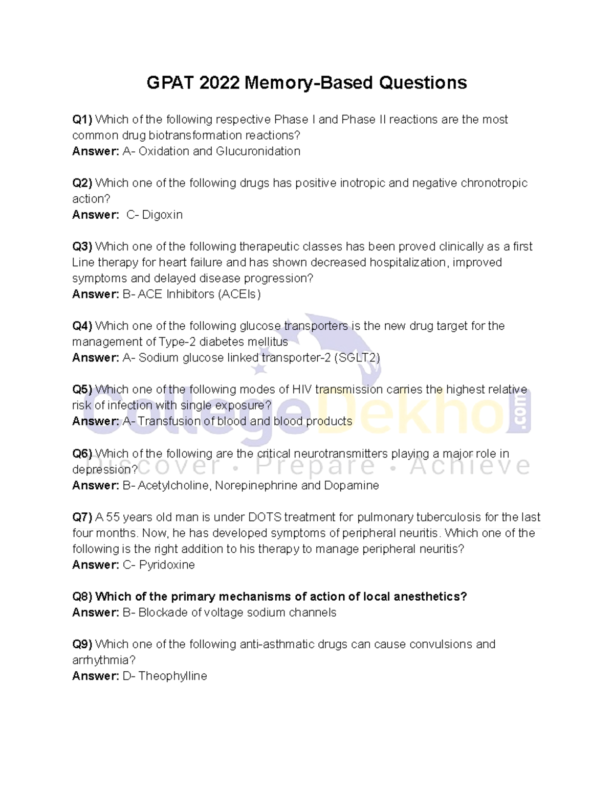 Gpat 2022 memory based questions - GPAT 2022 Memory-Based Questions Q1 ...