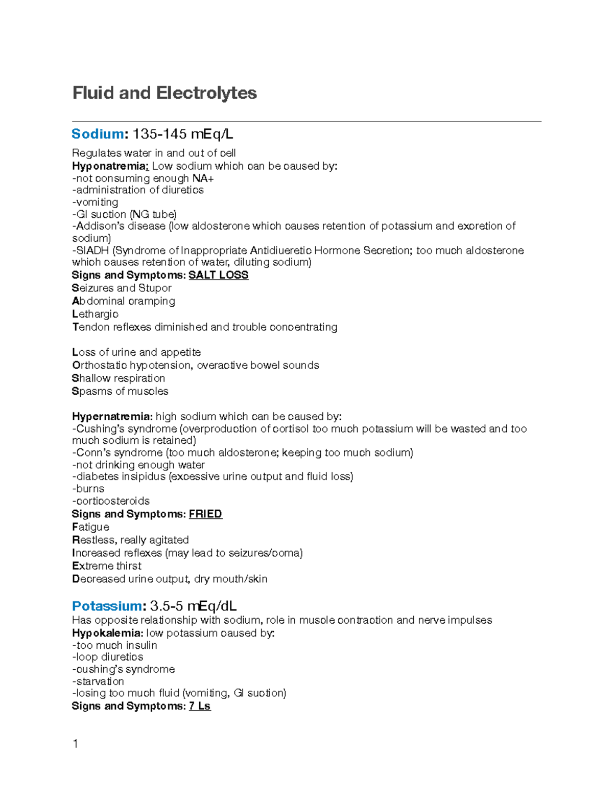Electrolyte Imbalances Cheat Sheet - Fluid and Electrolytes Sodium: 135 ...