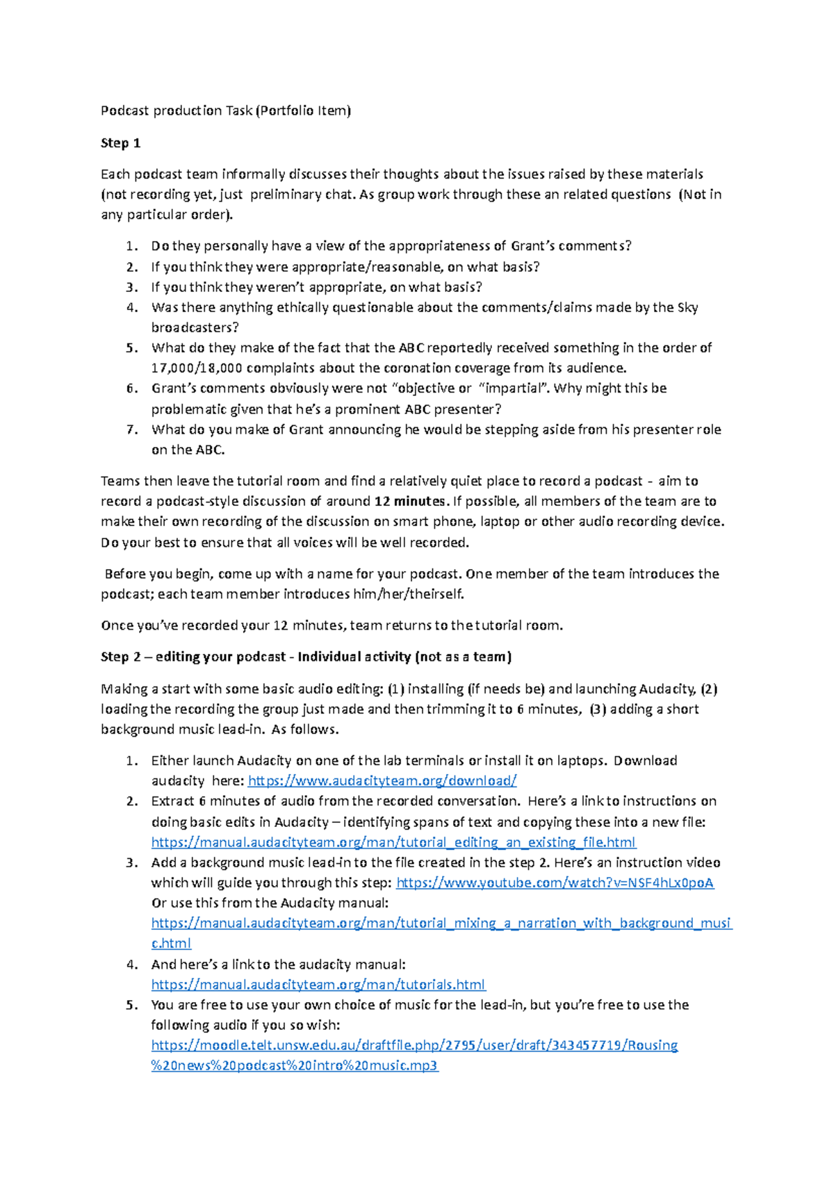 W1 Instructions - making a podcast (v2) - Podcast production Task ...